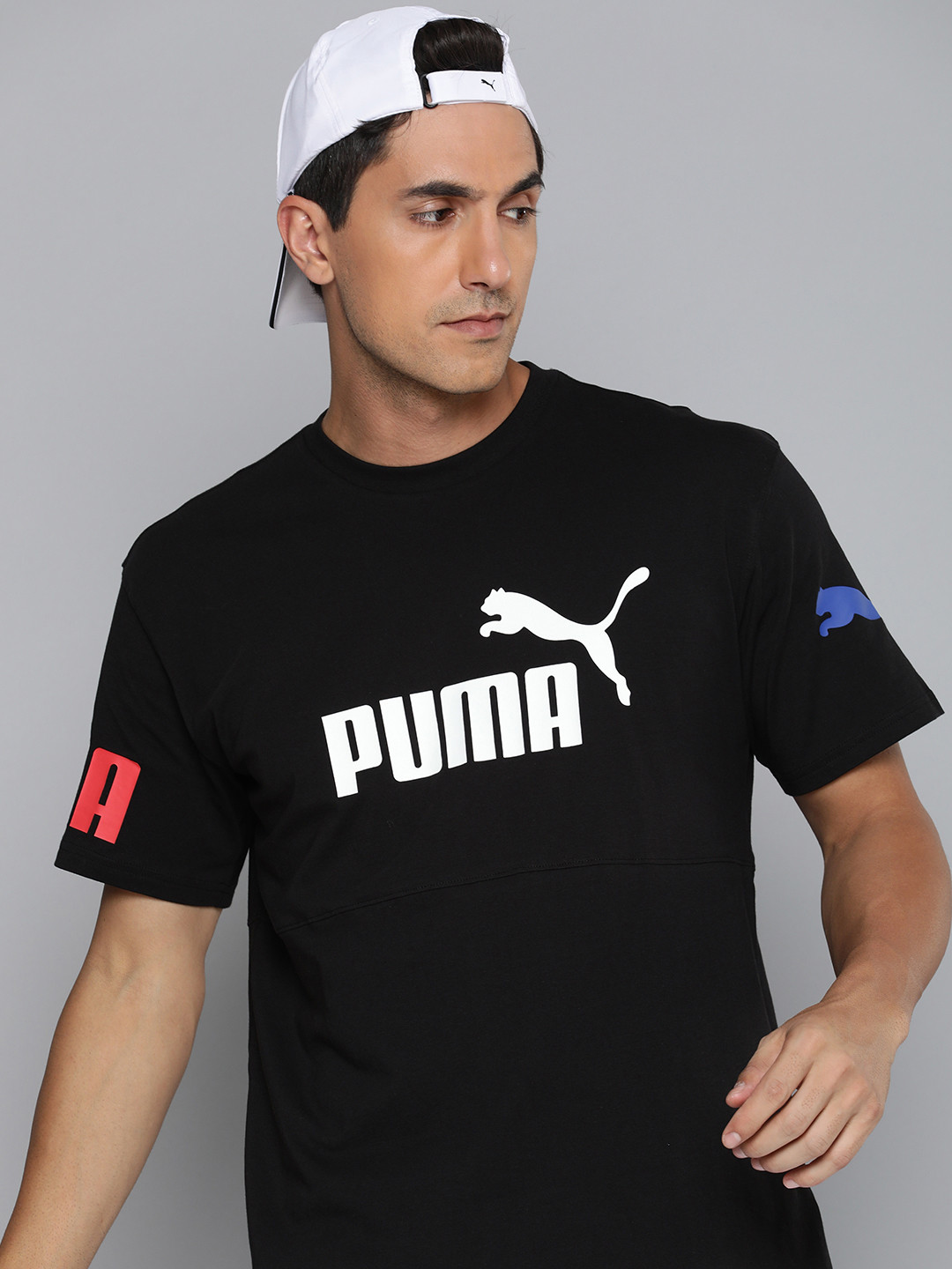 

Puma Men POWER Colorblock Brand Logo Printed Relaxed Fit Pure Cotton T-shirt, Black