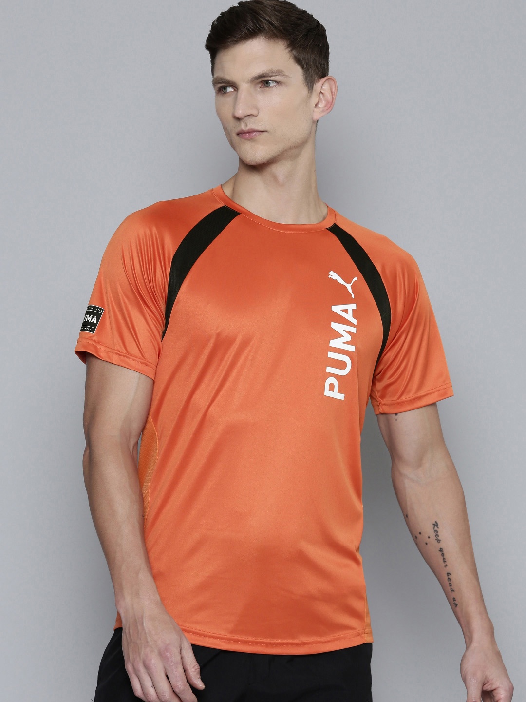 Puma Men FIT Ultrabreathe Brand Logo Printed dryCELL Gym T-shirt, Orange