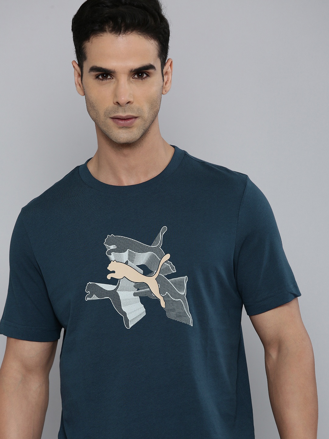 

Puma Round Neck Graphics Reflective Printed Regular fit Pure Cotton T-Shirt, Teal