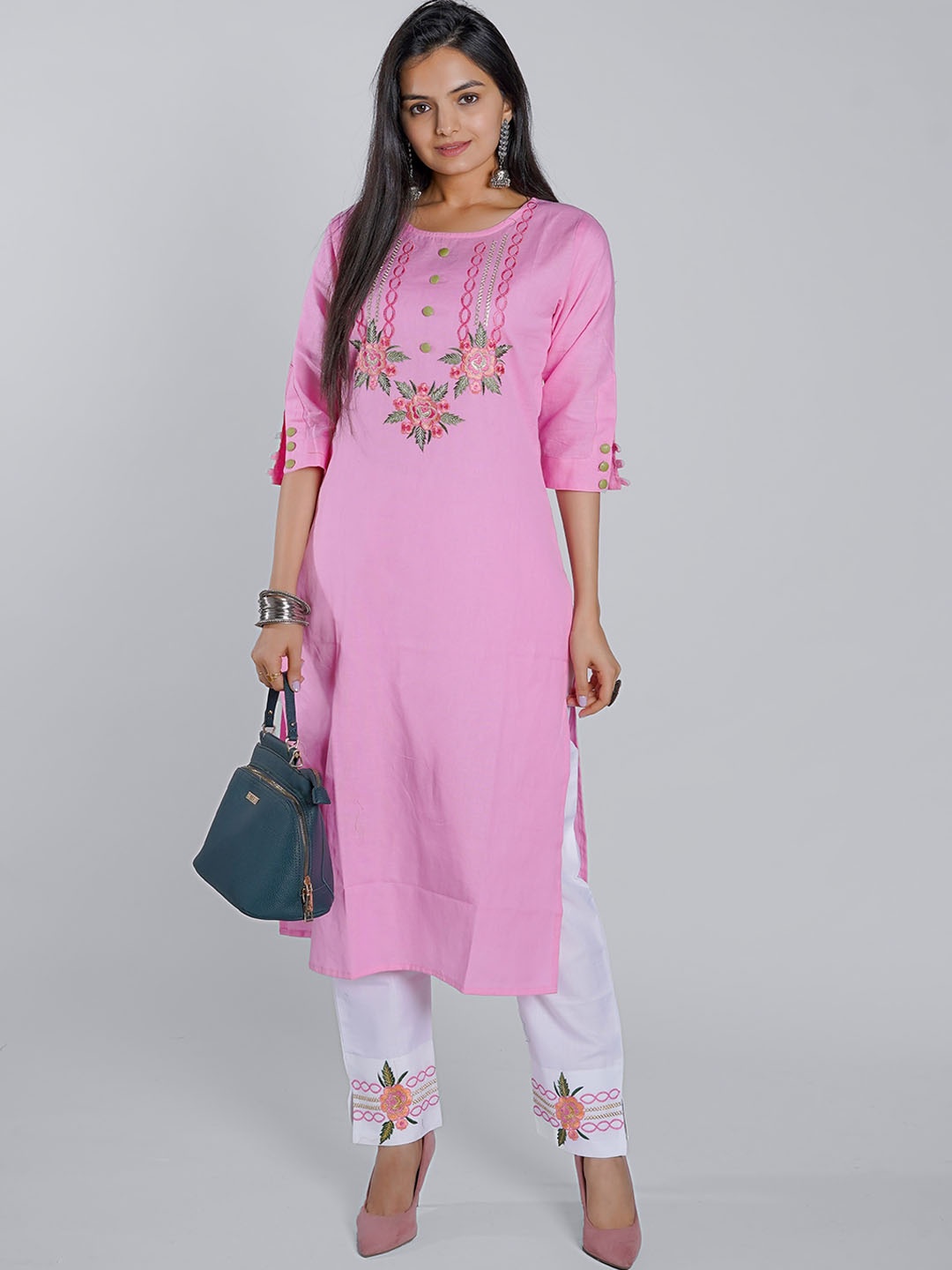 

WOMEN VILLAGE Floral Yoke Design Thread Work Pure Cotton Kurta with Trousers, Pink