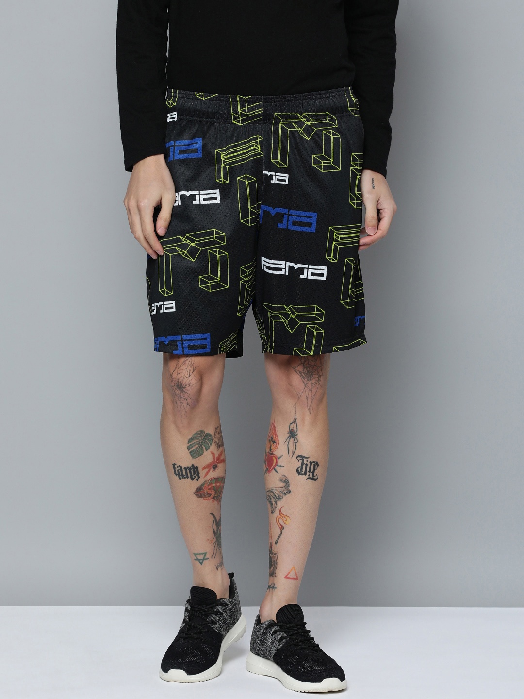 

Puma Men Geometric & Typography Print Regular Fit Mid-Rise Breakaway AOP Sports Sustainable Shorts, Black