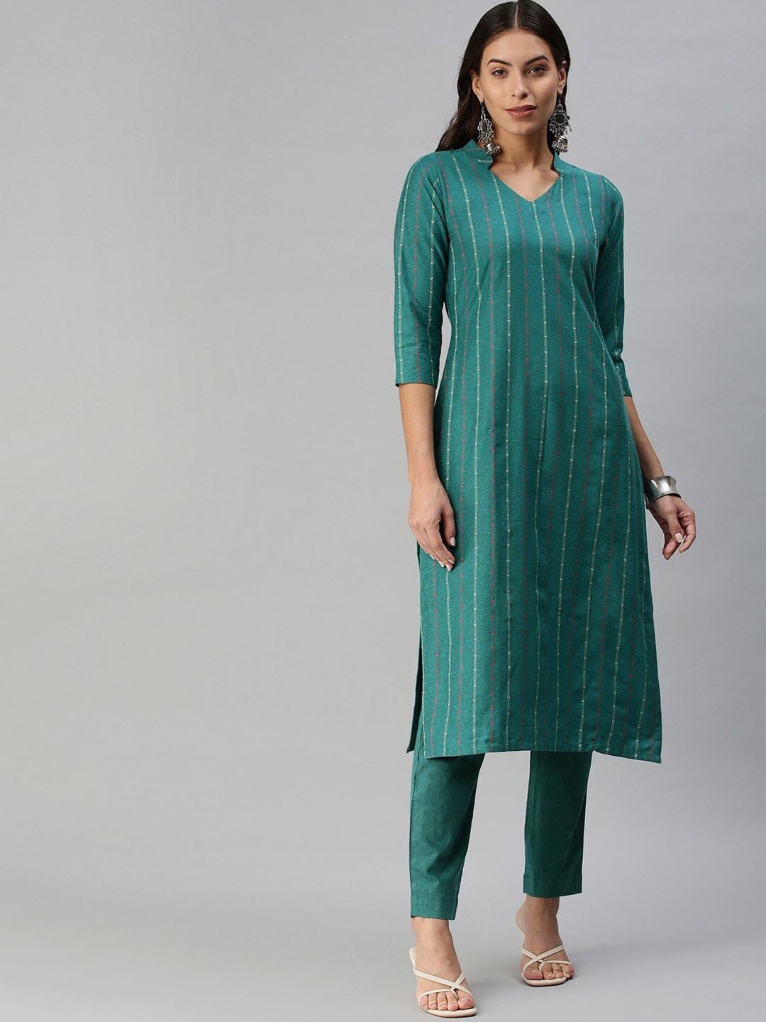 

KALINI Mandarin Collar Woven Design Kurta with Trousers, Teal