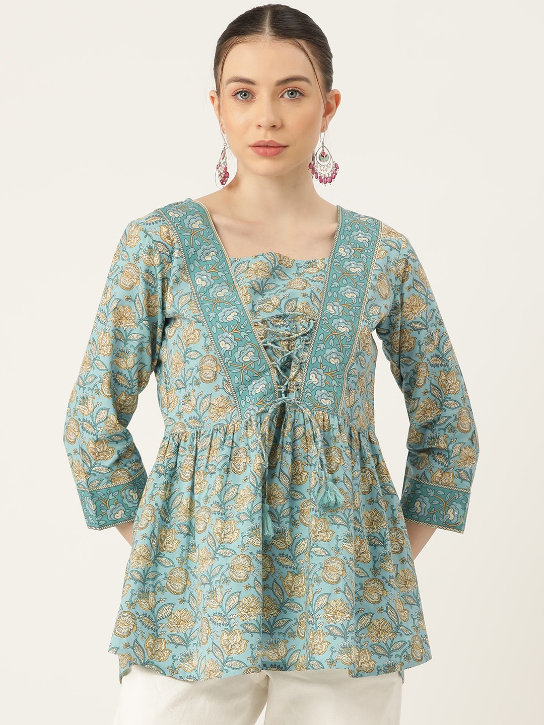 

MissKurti Floral Print Cotton A-Line Top, Sea green