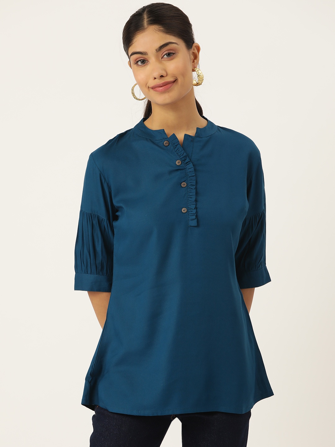 

MissKurti Floral Print Mandarin Collar Maxi Top, Teal