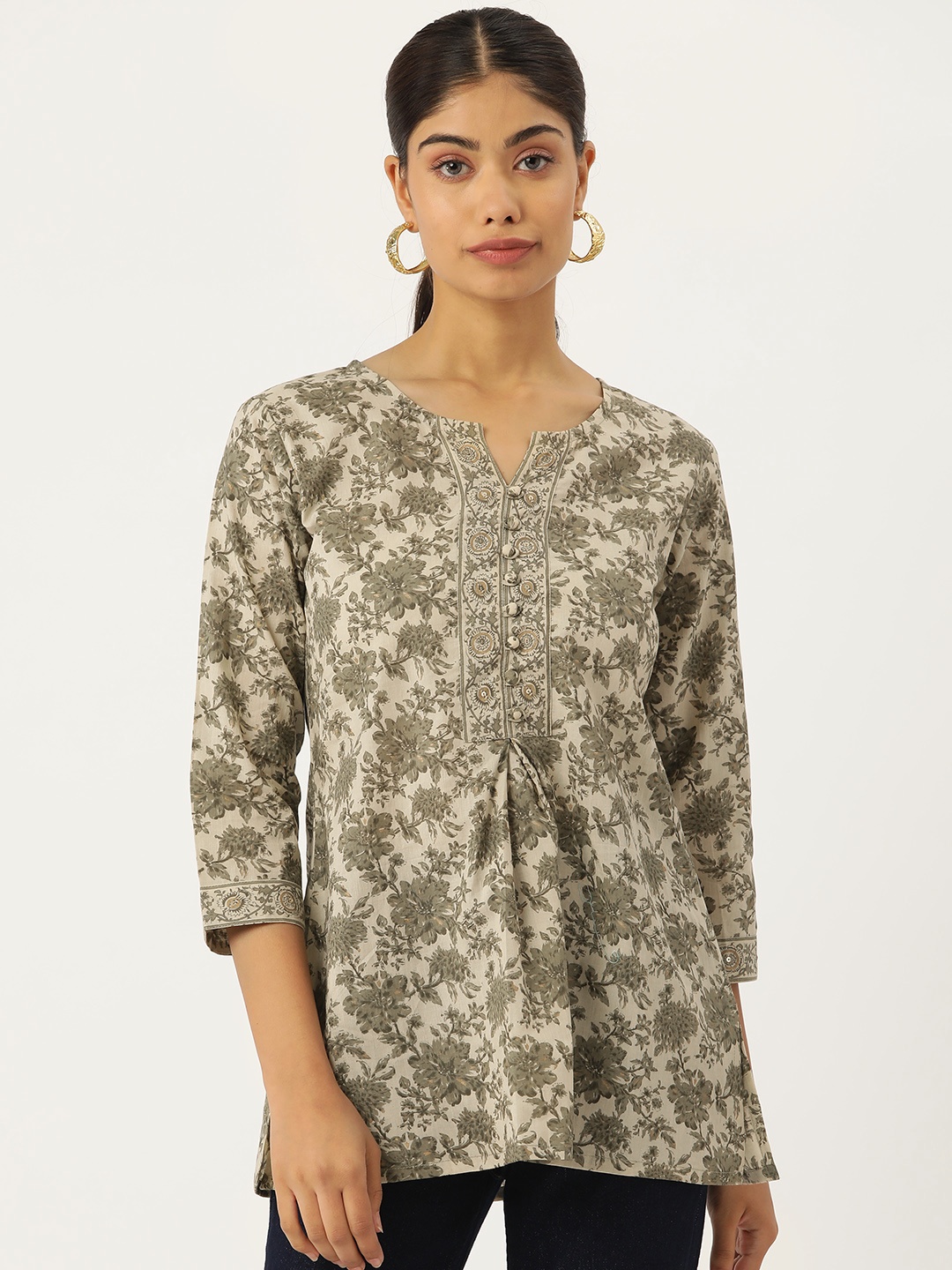 

MissKurti Floral Print Cotton A-Line Top, Off white