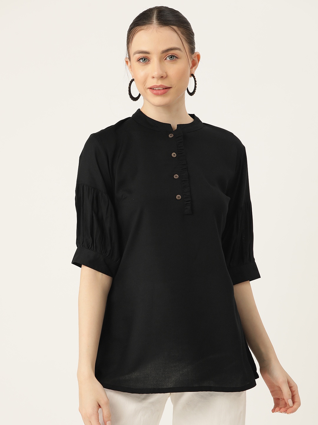 

MissKurti Mandarin Collar Puff Sleeve Ruffles Top, Black