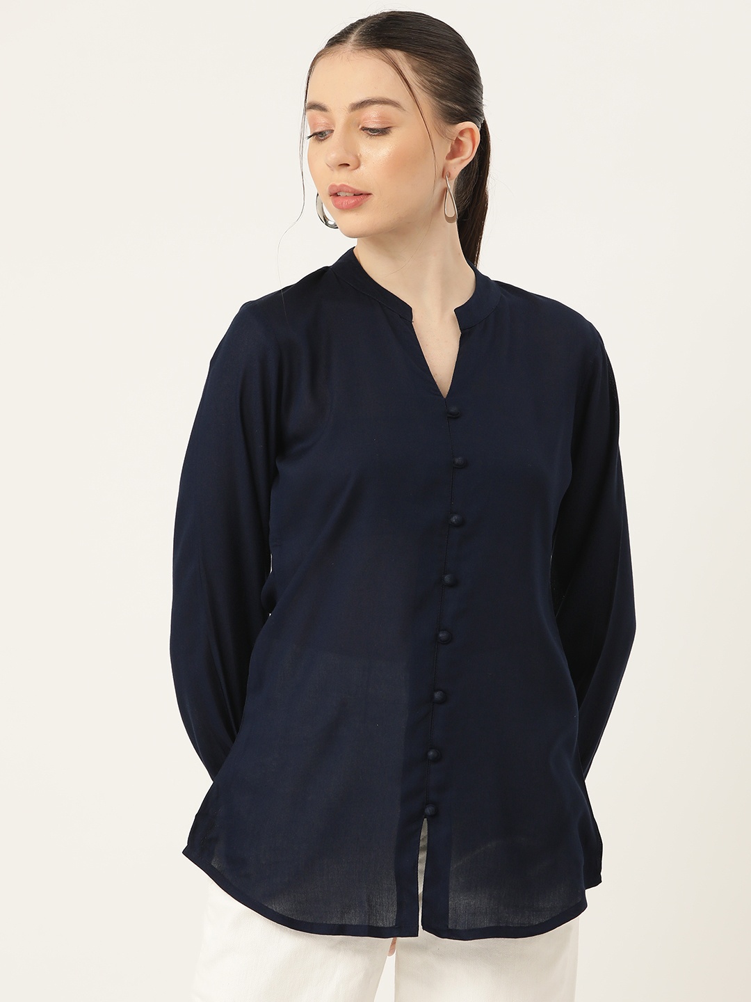 

MissKurti Mandarin Collar Regular Top, Navy blue