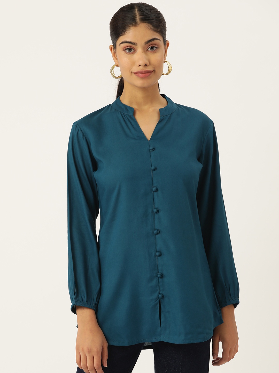 

MissKurti Mandarin Collar Regular Top, Teal