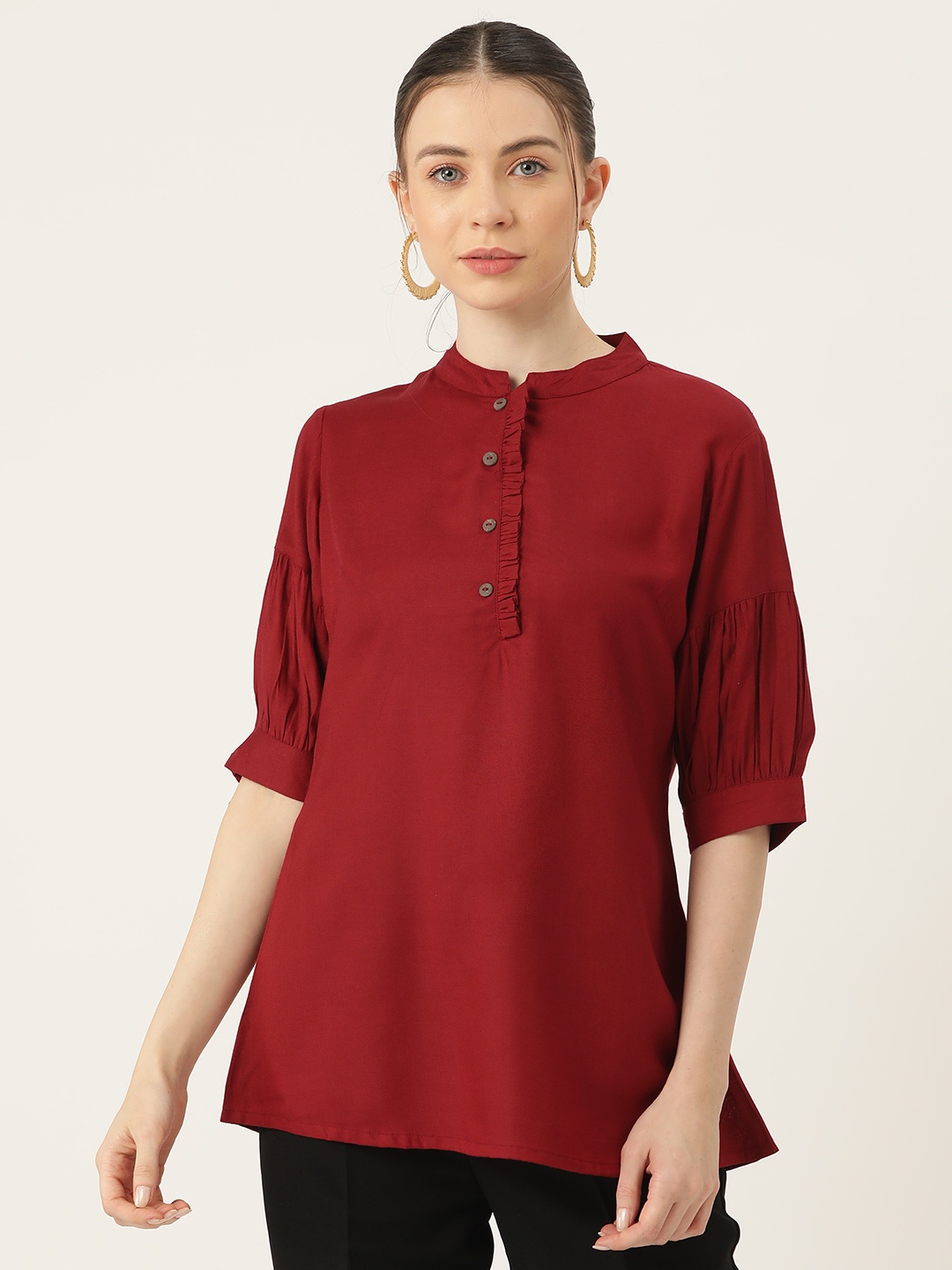 

MissKurti Mandarin Collar Puff Sleeve Ruffles Top, Red