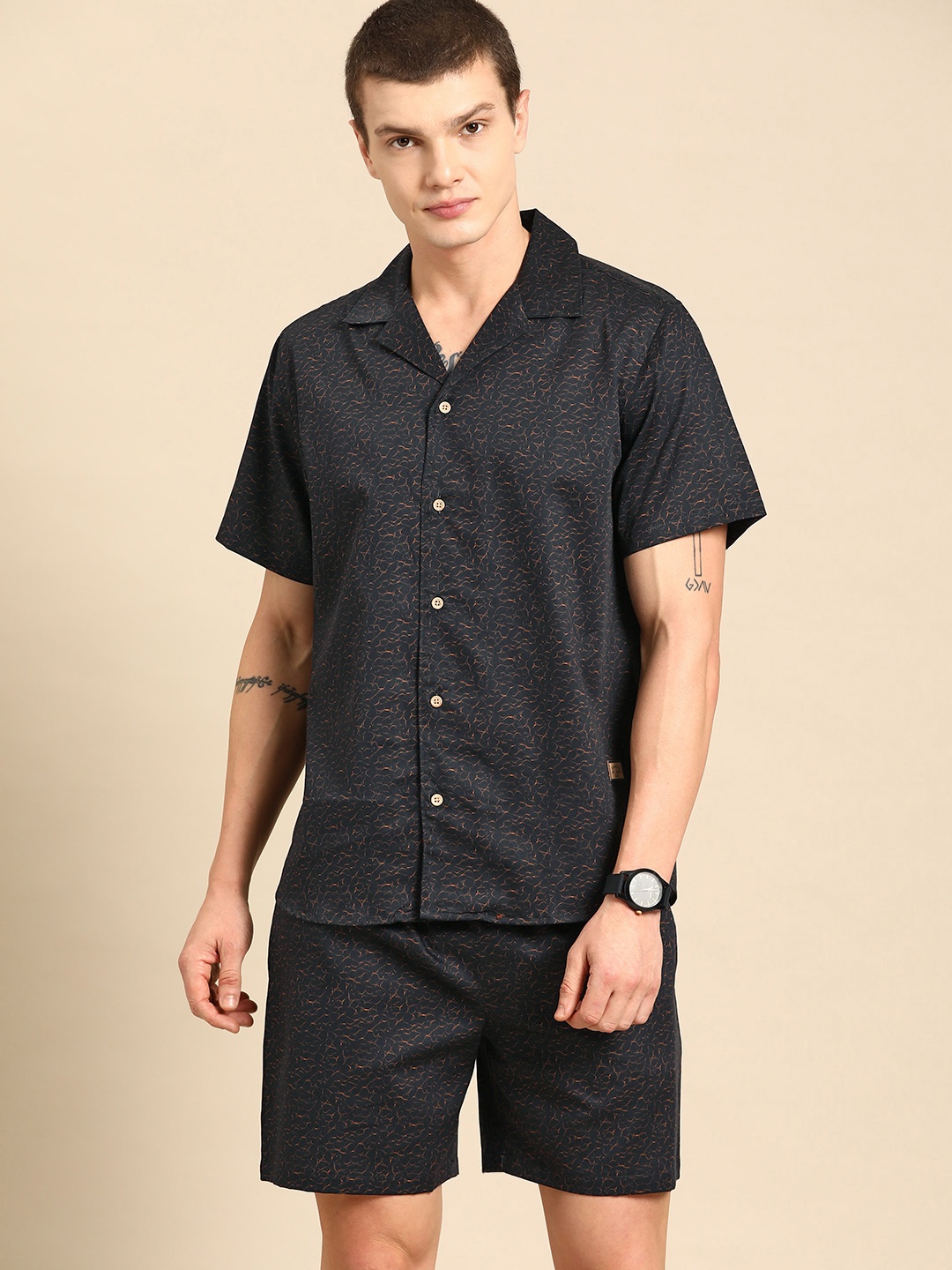 

Dennison Printed Cuban Collar Comfort Fit Shirt With Shorts Co-ords, Black