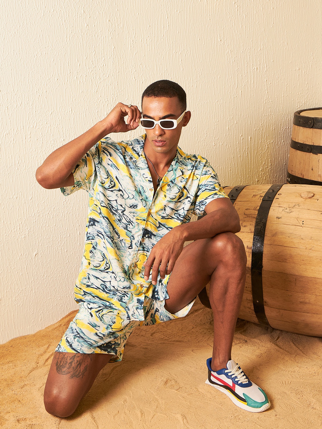

Dennison Printed Cuban Collar Comfort Fit Shirt With Shorts Co-ords, White