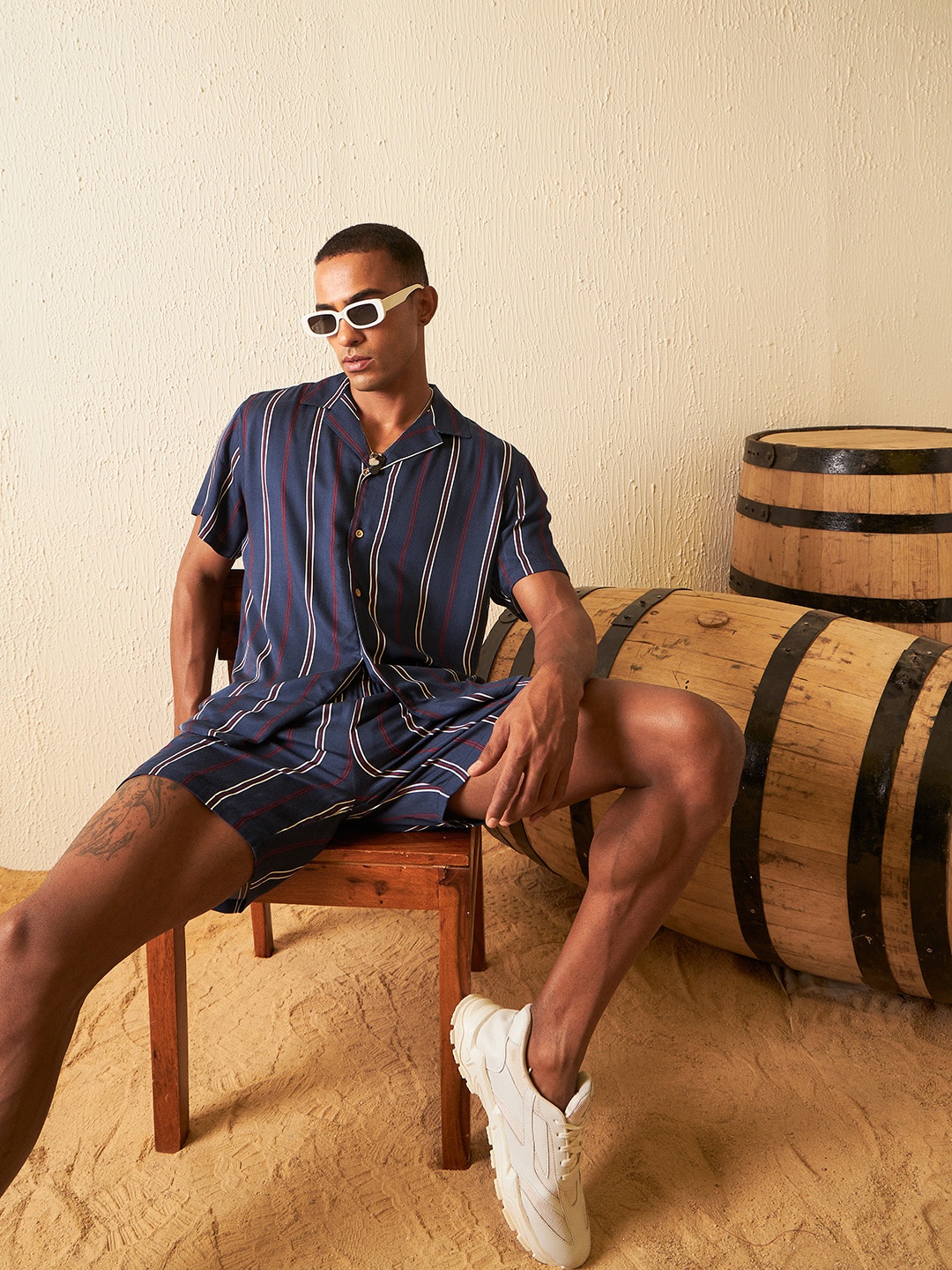 

DENNISON Men Comfort Fit Striped Shirt With Shorts, Navy blue