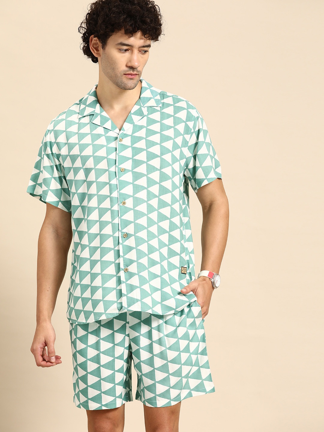 

Dennison Printed Cuban Collar Comfort Fit Shirt With Shorts Co-ords, White