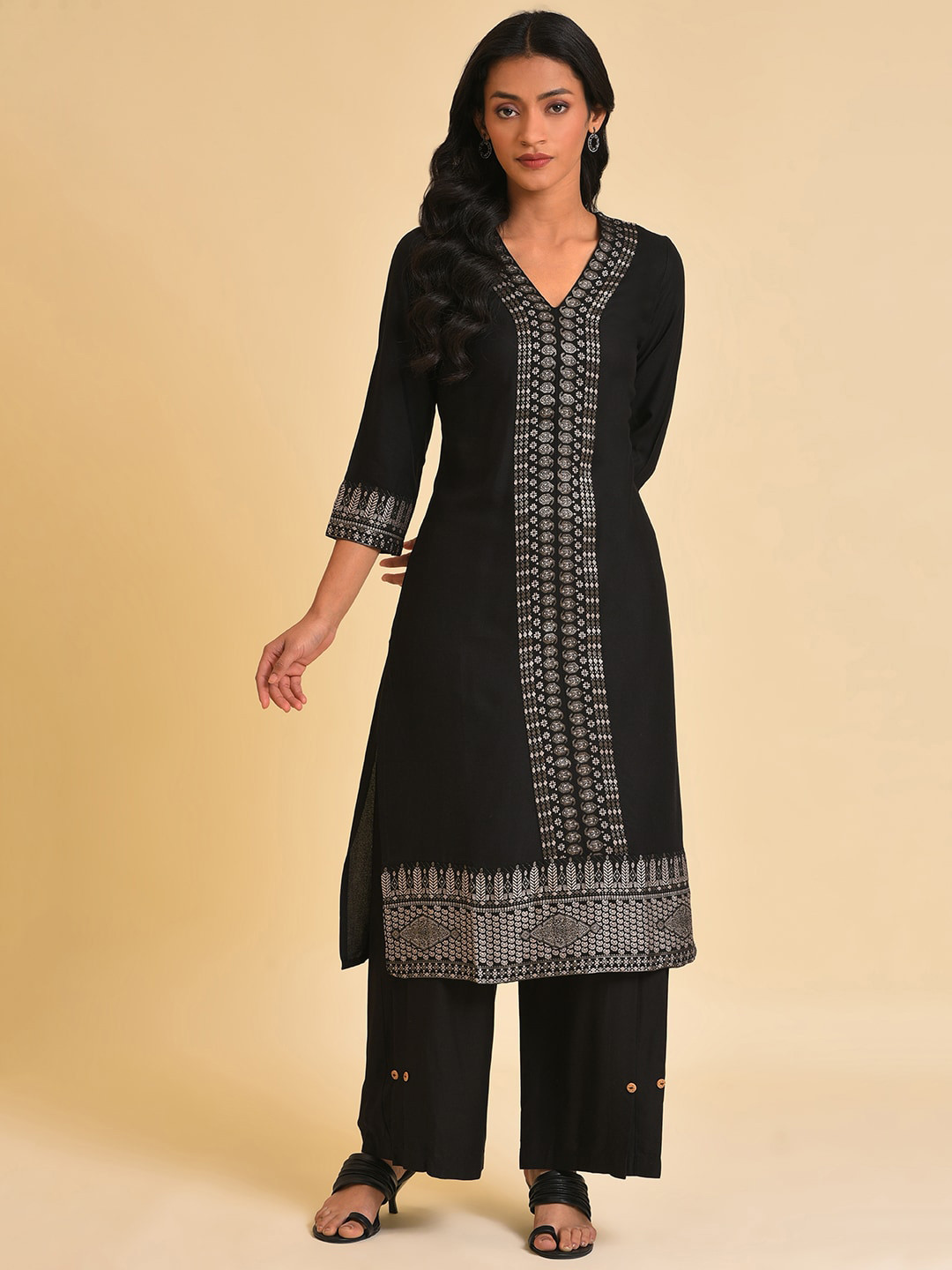 

W Black V-Neck Woven Design Straight Kurta