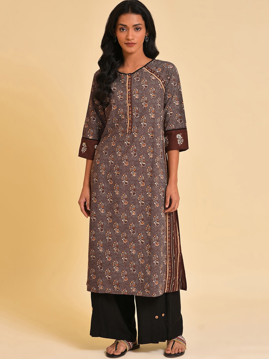 

W Brown Floral Printed Straight Kurta