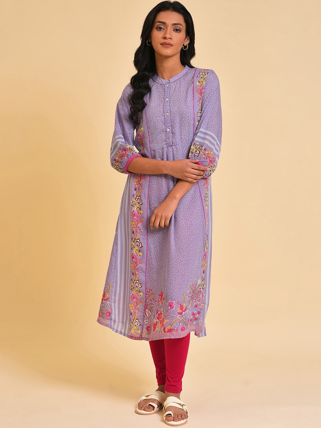 

W Purple Mandarin Collar Floral Printed Kurta