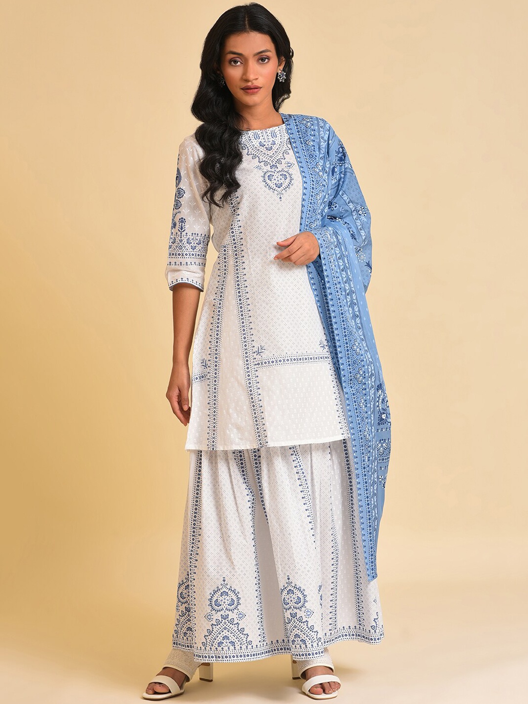 

W White Floral Printed Pure Cotton Kurta with Sharara & With Dupatta