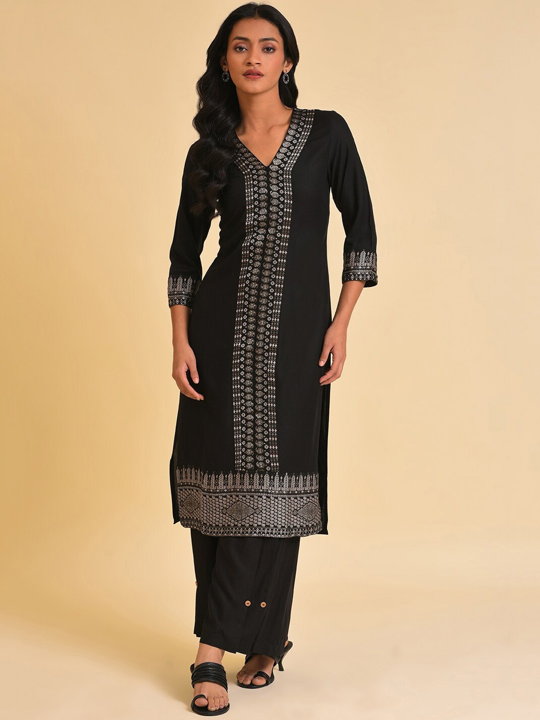 

W Black V-Neck Woven Design Straight Kurta