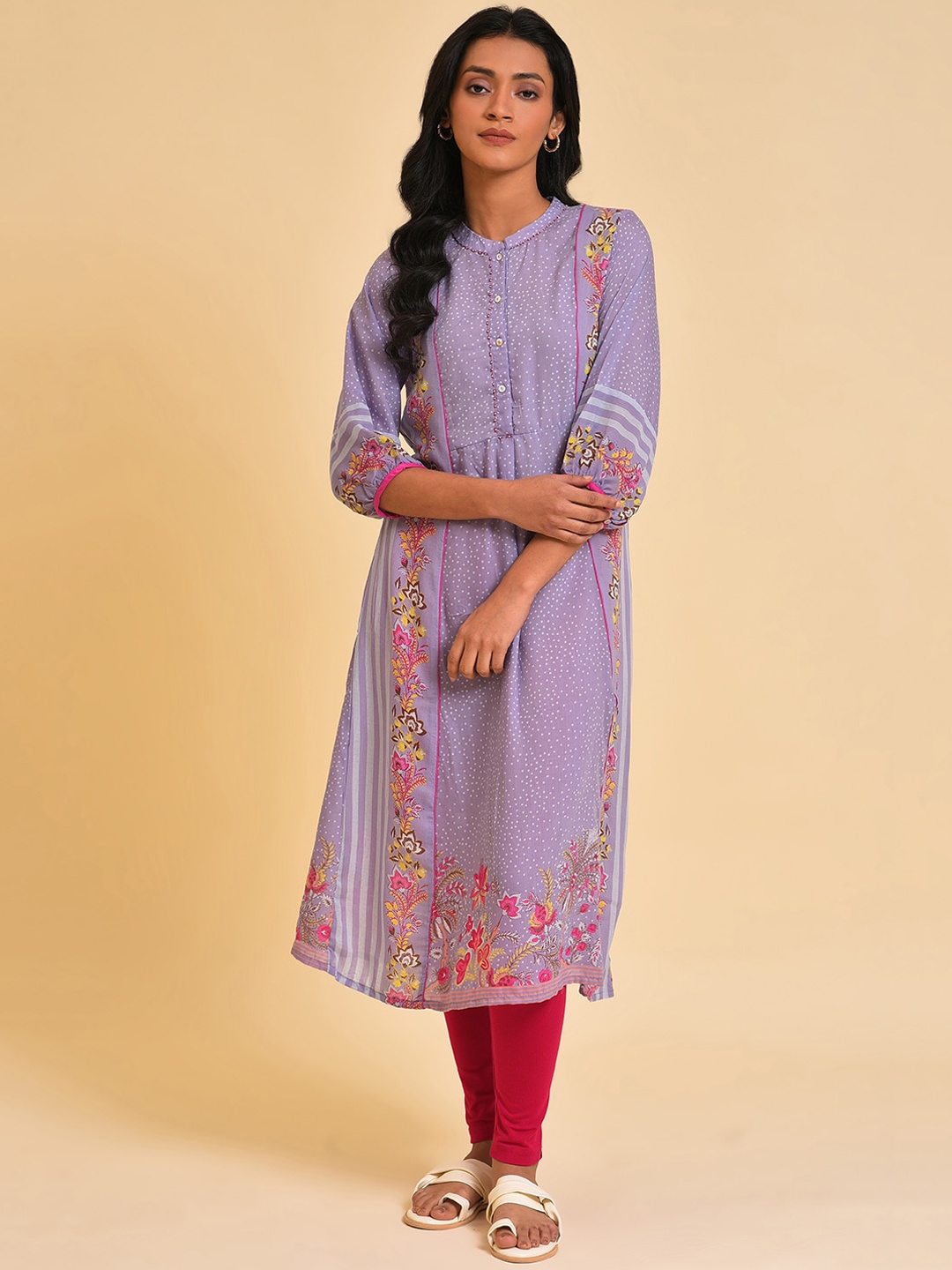 

W Purple Mandarin Collar Floral Printed Kurta