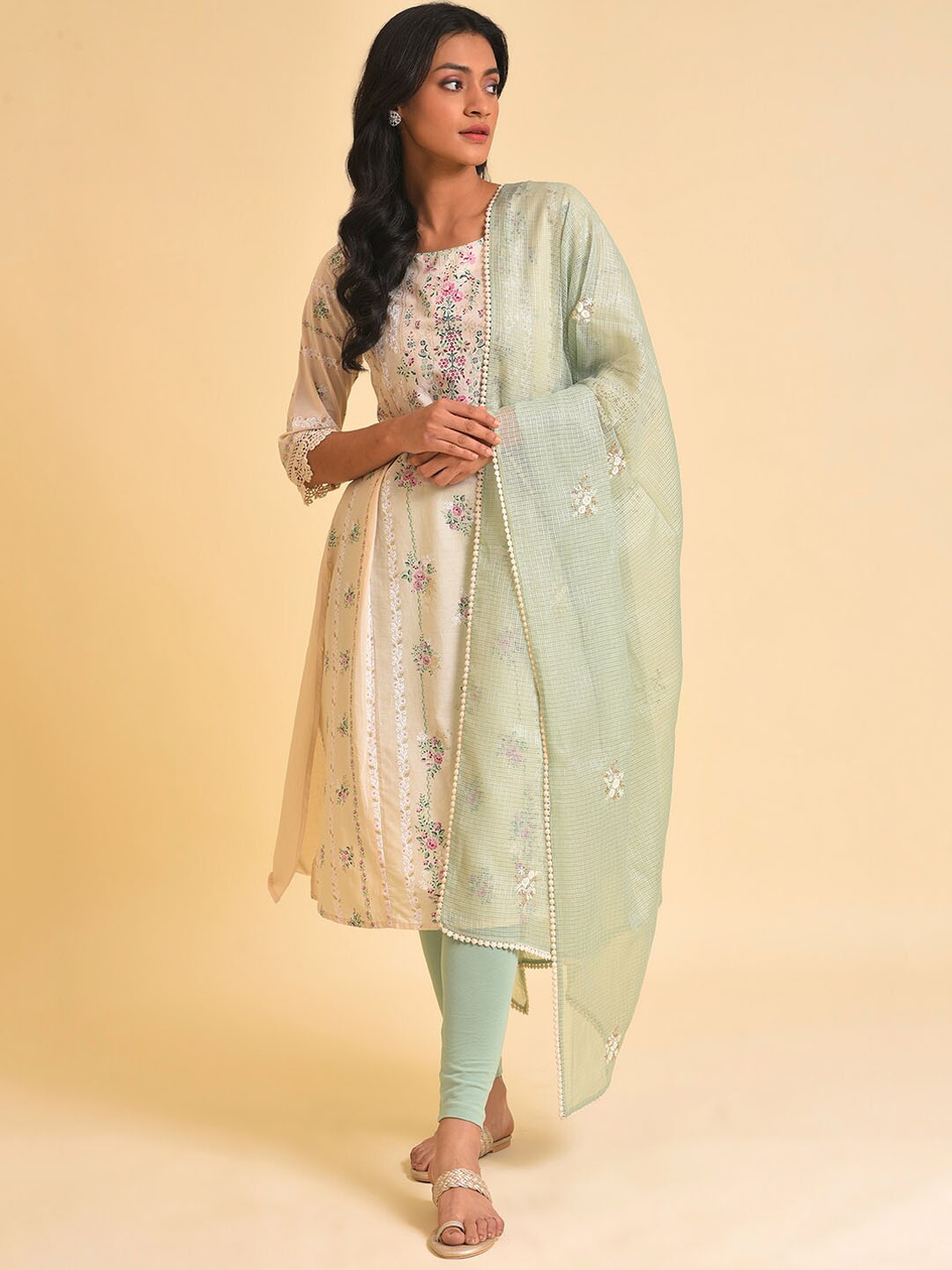 

W Beige & Sea Green Floral Printed Panelled A-Line Kurta Leggings & Dupatta