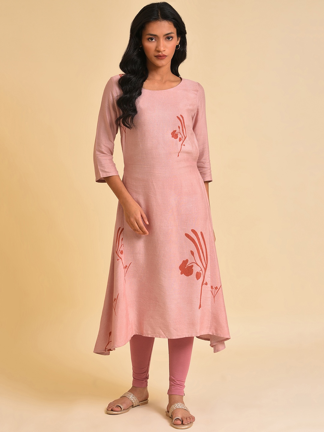 

W Pink Floral Printed Asymmetric Hem Kurta