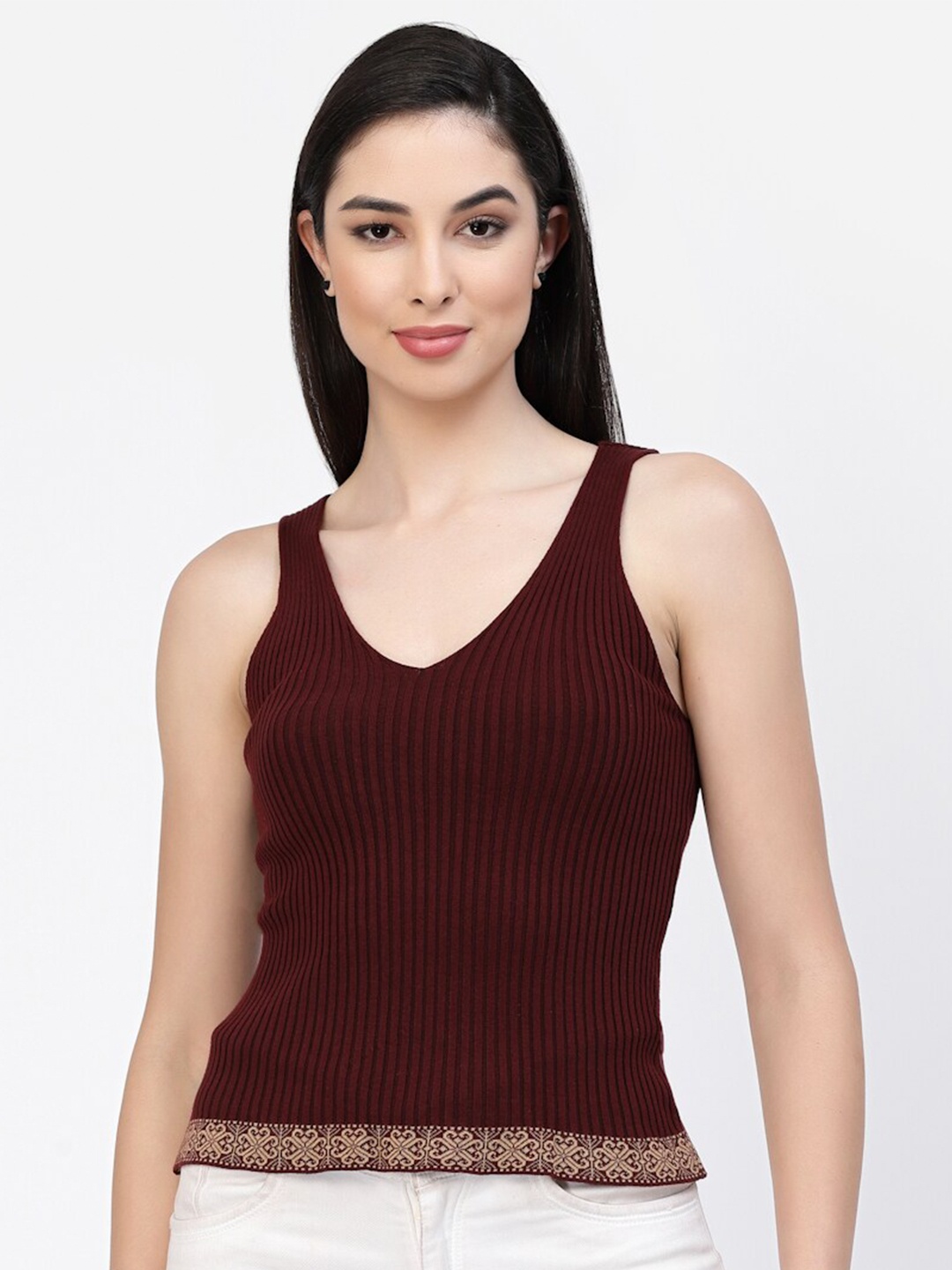 

Kalt Self Design V Neck Cotton Top, Maroon