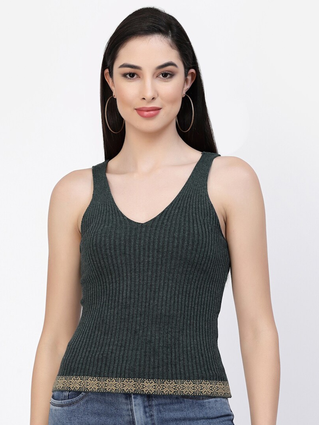 

Kalt Self Design V Neck Cotton Top, Green