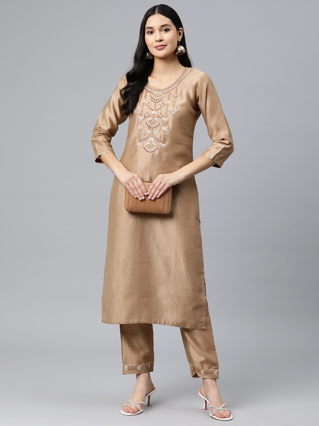 

SheWill Floral Embroidered Kurta with Trousers & Dupatta, Beige