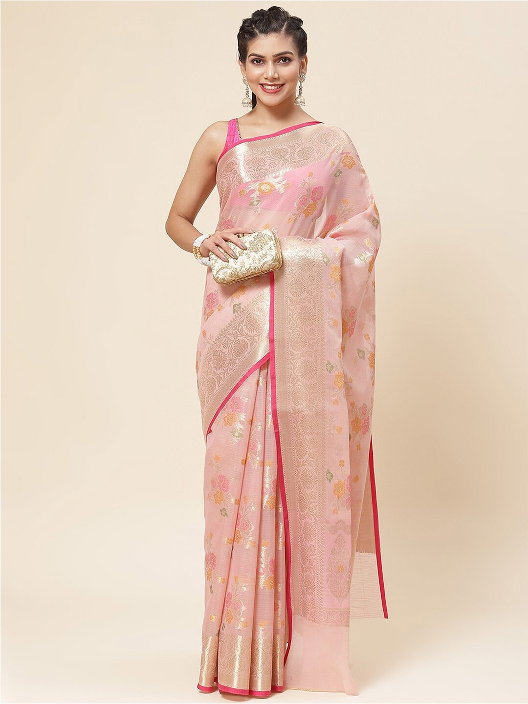 

Meena Bazaar Floral Woven Design Zari Saree, Pink