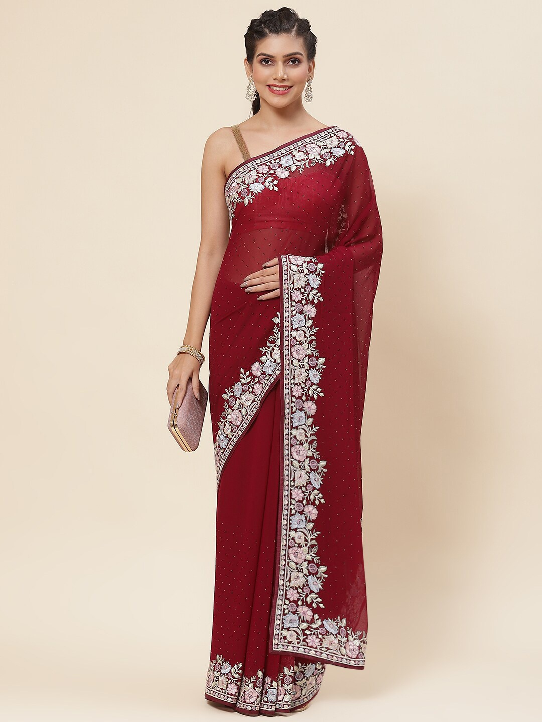 

Meena Bazaar Floral Embroidered Embellished Saree, Burgundy