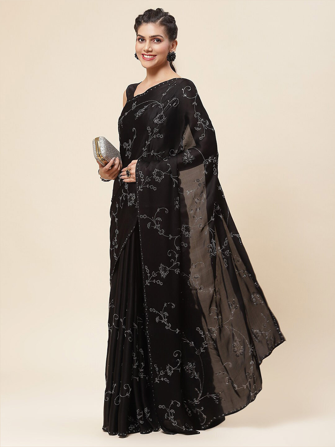 

Meena Bazaar Beads And Stones Embellished Satin Saree, Black