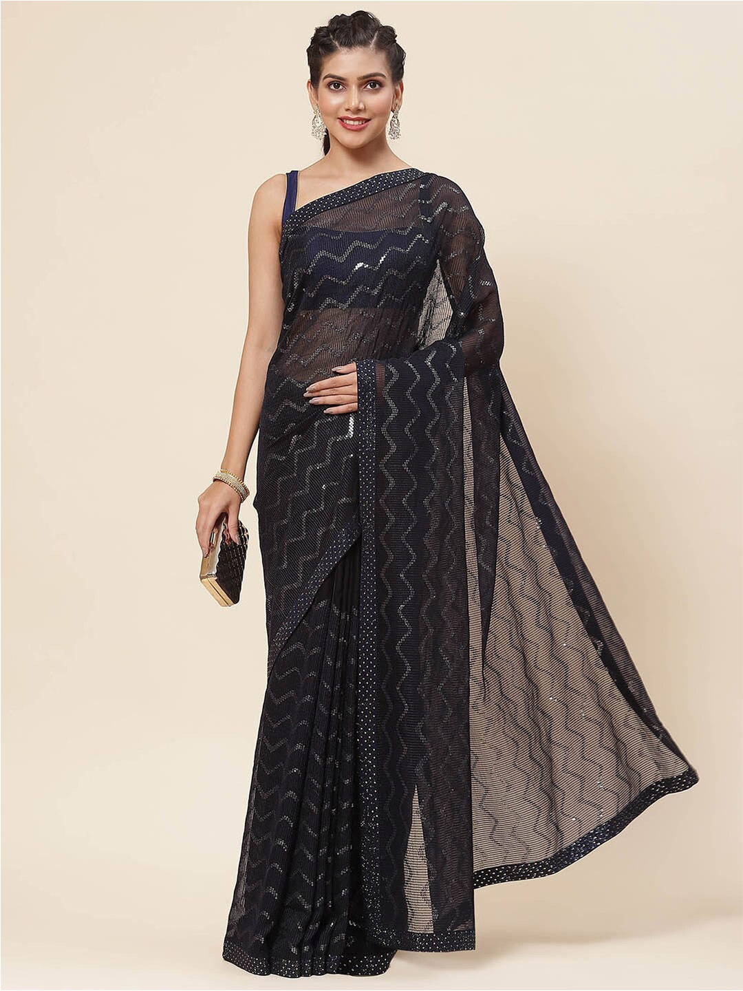 

Meena Bazaar Sequin Embroidered Saree, Navy blue