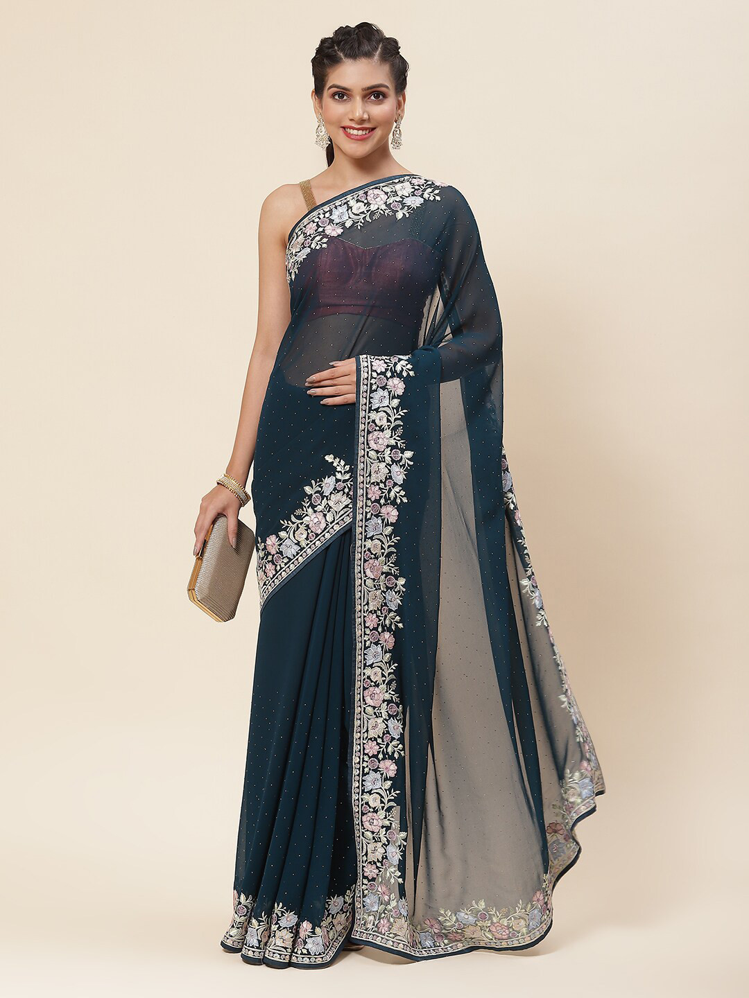 

Meena Bazaar Floral Embroidered Embellished Saree, Blue