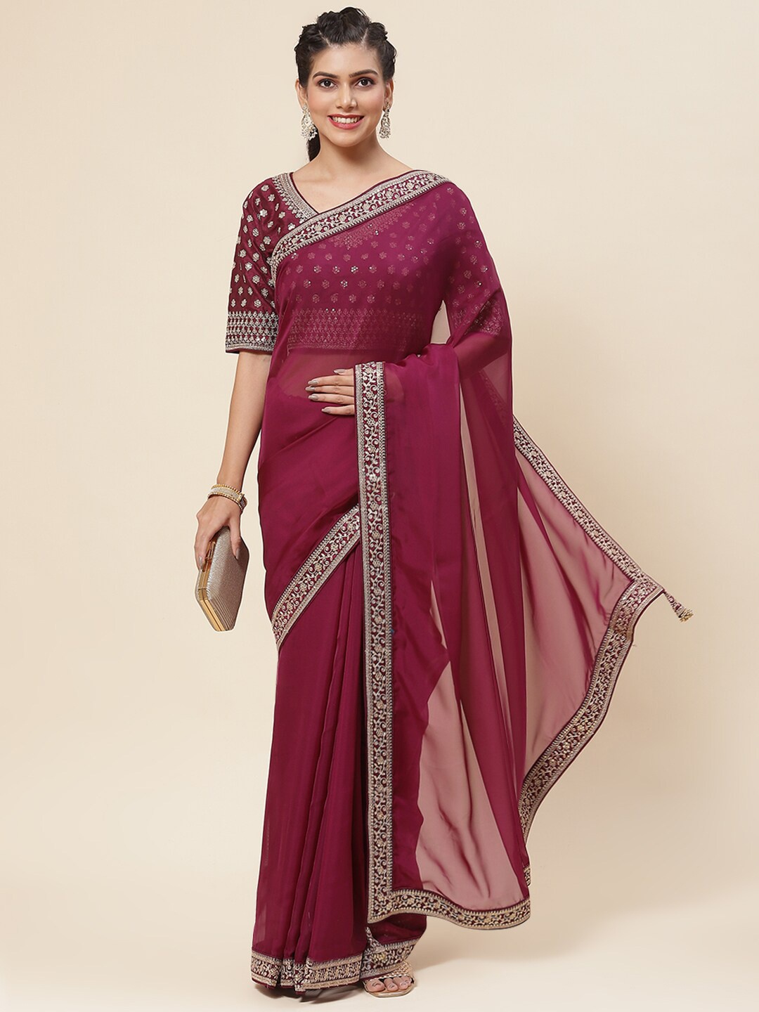 

Meena Bazaar Embellished Organza Saree, Burgundy