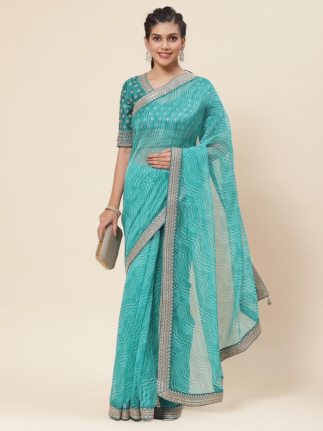 

Meena Bazaar Abstract Printed Embellished Organza Saree, Sea green