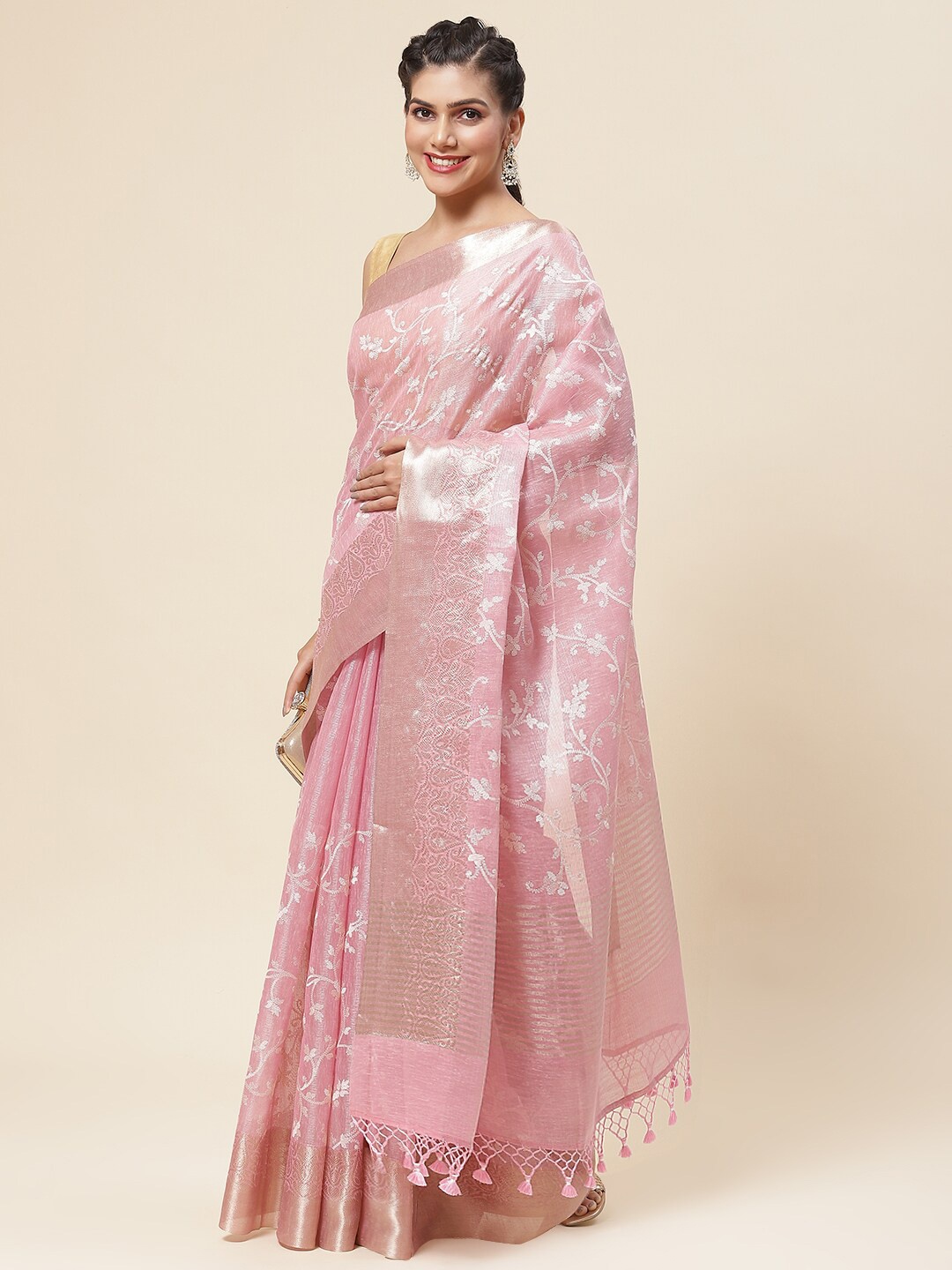 

Meena Bazaar Floral Woven Design Zari Saree, Pink