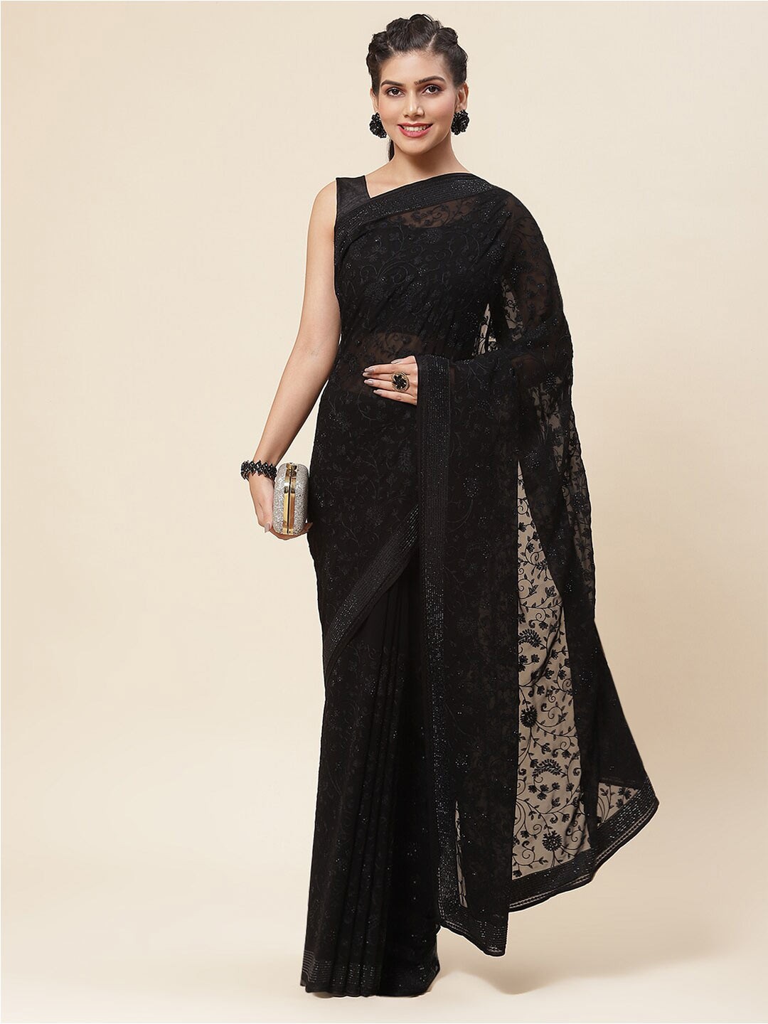 

Meena Bazaar Floral Embroidered Poly Georgette Saree, Black