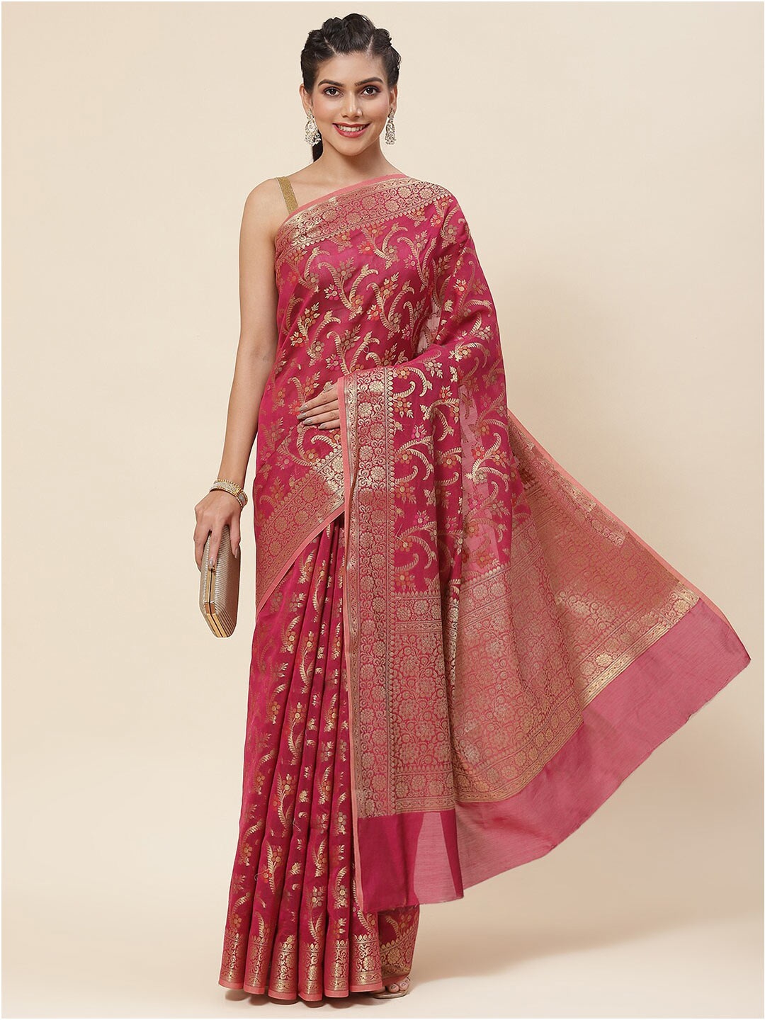 

Meena Bazaar Floral Woven Design Zari Saree, Pink