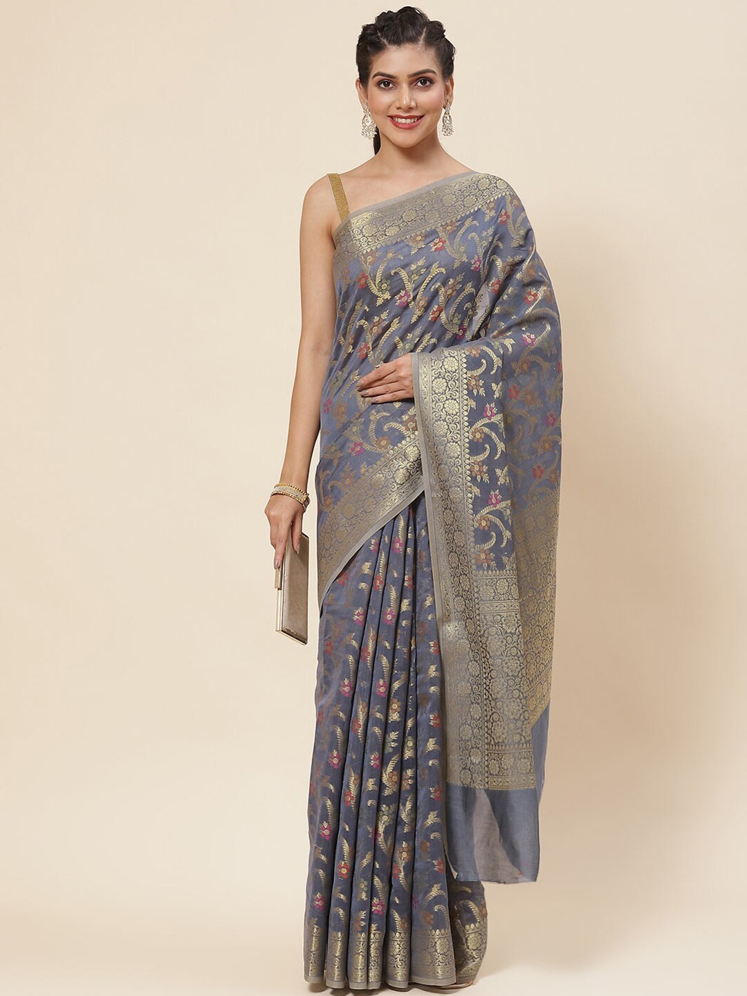 

Meena Bazaar Floral Woven Design Zari Saree, Grey