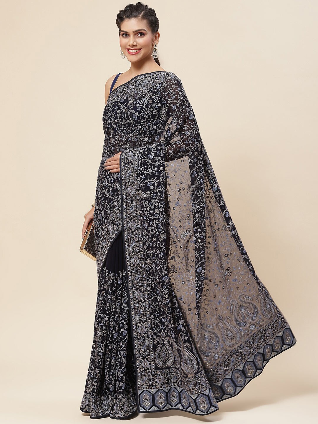 

Meena Bazaar Floral Embroidered Saree, Navy blue
