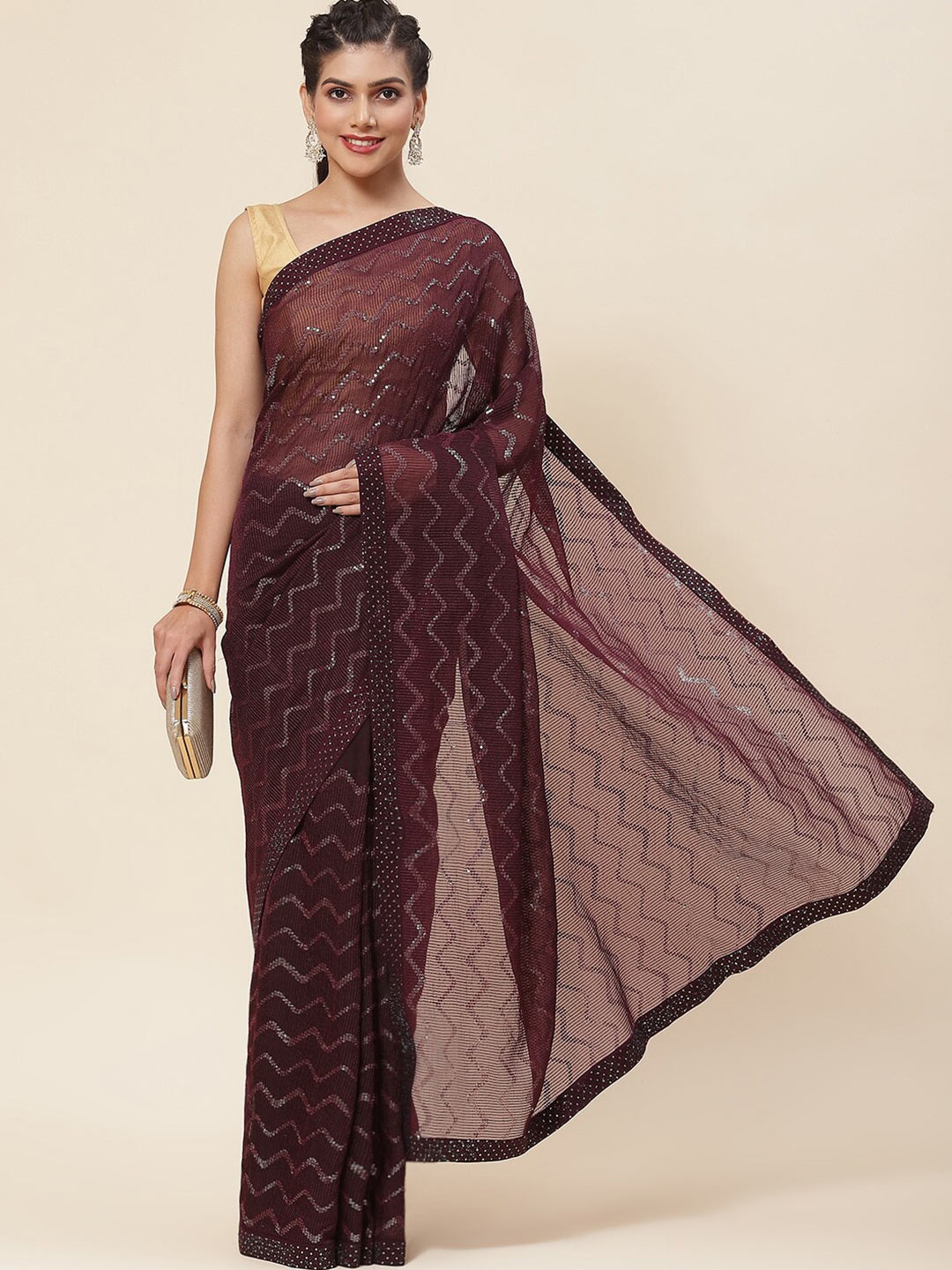 

Meena Bazaar Sequin Embroidered Saree, Burgundy
