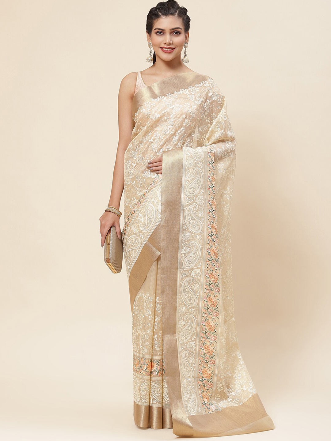 

Meena Bazaar Floral Embroidered Zari Saree, Beige