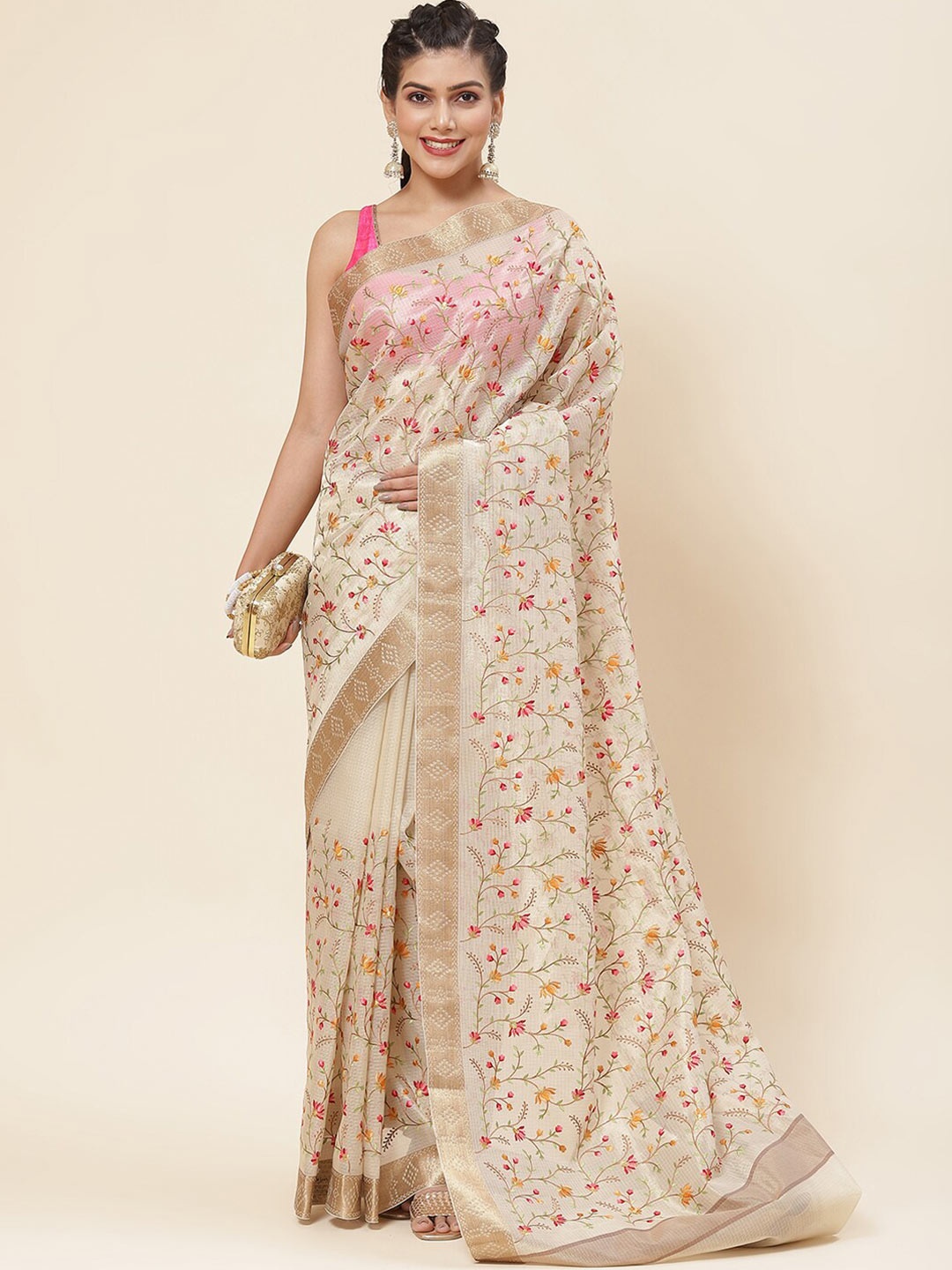 

Meena Bazaar Floral Embroidered Zari Saree, Beige