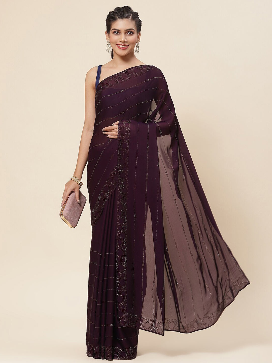 

Meena Bazaar Embellished Beads and Stones Satin Saree, Purple