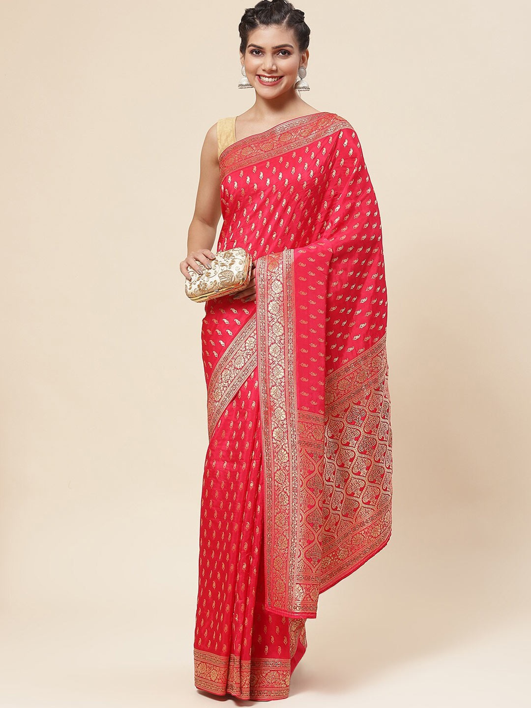 

Meena Bazaar Ethnic Motifs Woven Design Zari Art Silk Saree, Pink