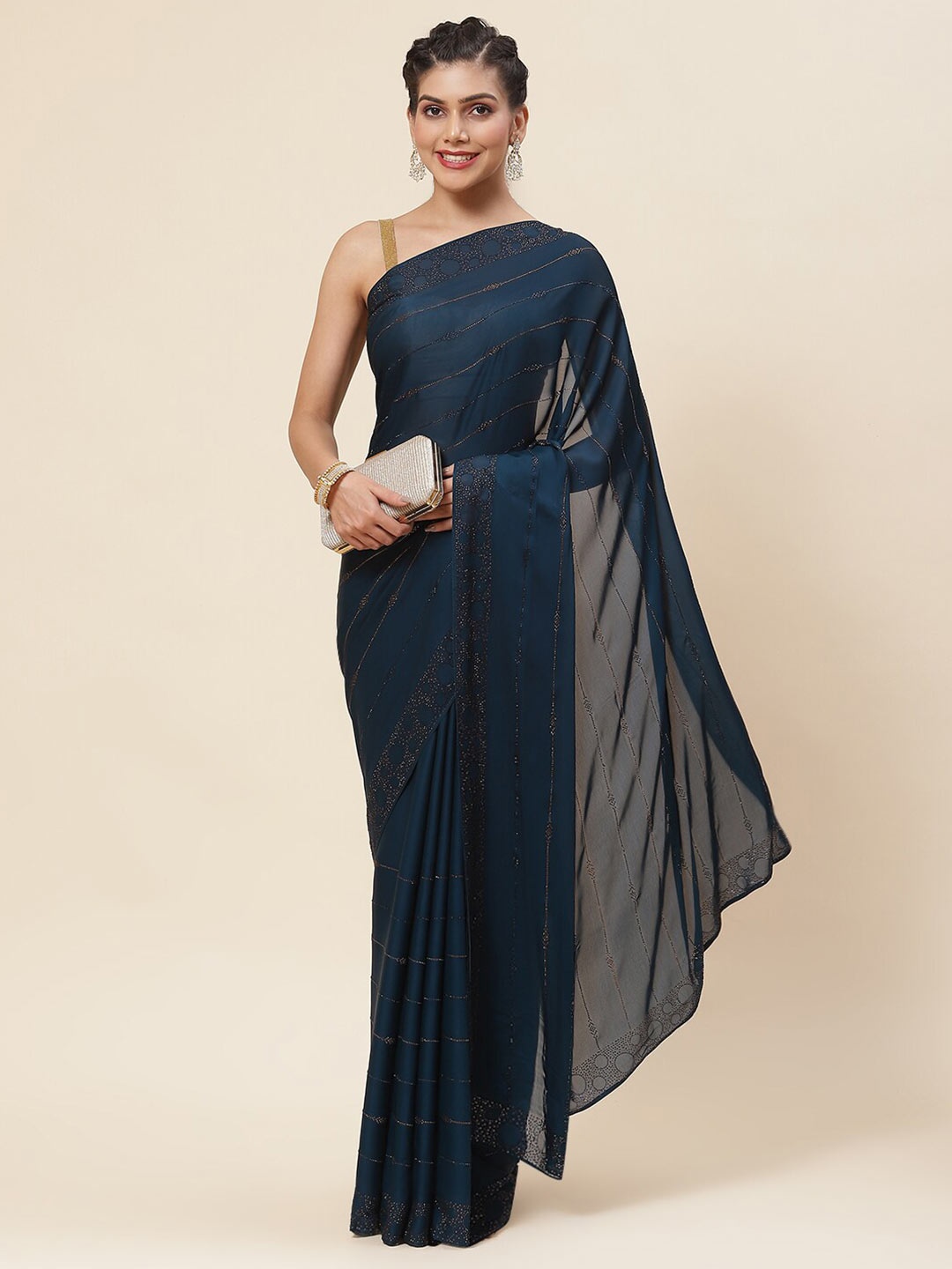 

Meena Bazaar Embellished Beads and Stones Satin Saree, Teal