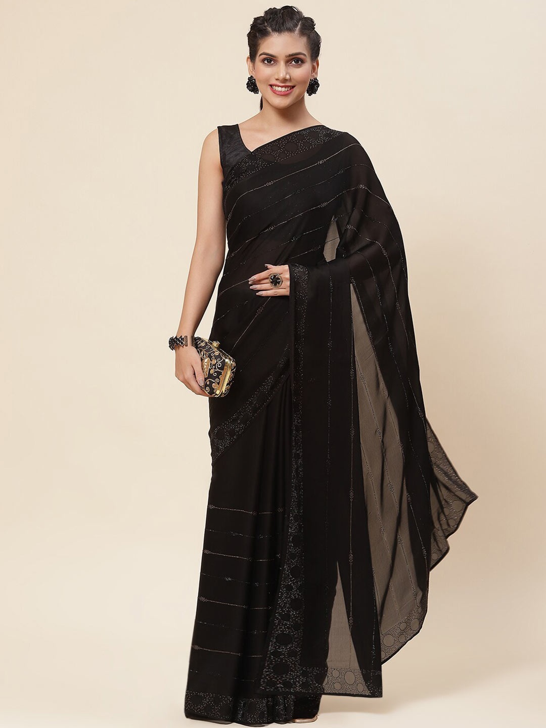 

Meena Bazaar Embellished Sequined Satin Saree, Black