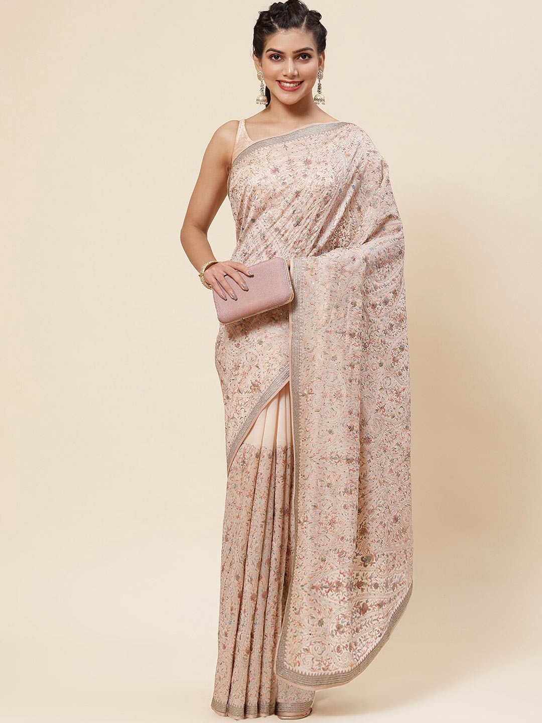 

Meena Bazaar Ethnic Motifs Embroidered Sequined Poly Georgette Saree, Peach