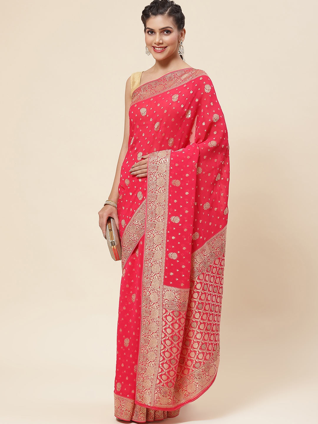 

Meena Bazaar Ethnic Motifs Woven Design Zari Poly Georgette Saree, Pink