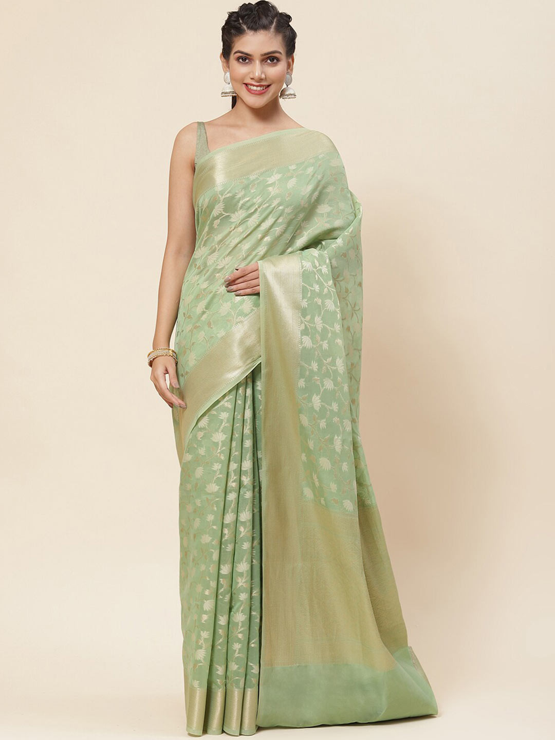 

Meena Bazaar Woven Design Cotton Blend Zari Saree, Green